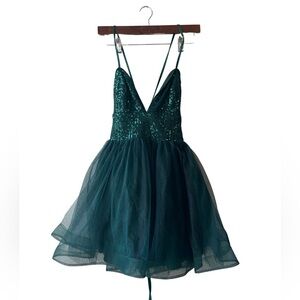 Faeriesty Holiday green sequin  baby‎ doll mini dress with straps size S